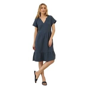 Pact Organic Cotton Gauze Tiered Dress Blue V-Neck Short Sleeve Pockets S boho